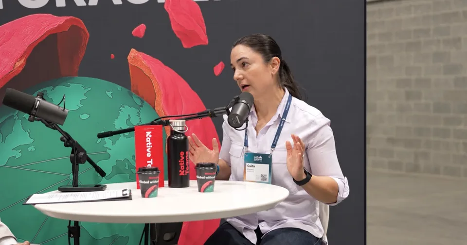 A guest recording at the Native Teams booth at Web Summit Vancouver