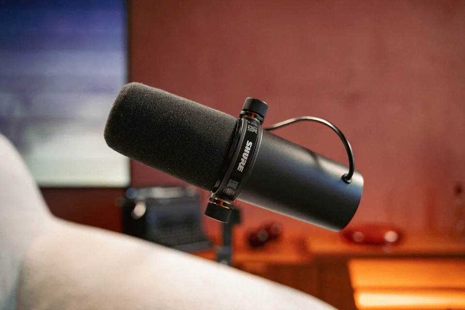 A Shure SM7B microphone ready for a session in The Oasis Room