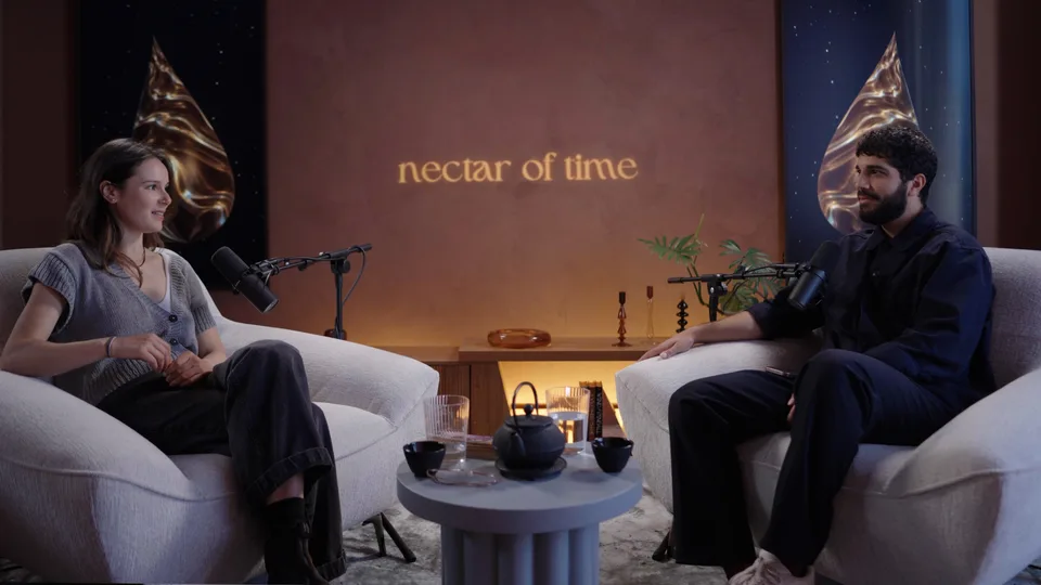 Two hosts recording Nectar of Time in The Oasis Room