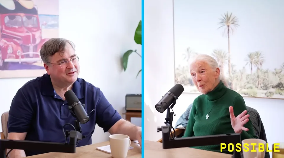 Reid Hoffman and Dr. Jane Goodall recording Possible at Yaletown Podcast Studio